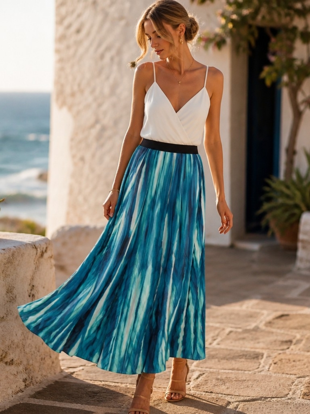Peter Nygard White Top with Blue Watercolor Pleated Maxi Skirt